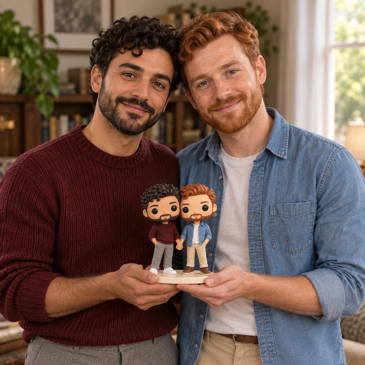 Adam & Thomas tenant leur figurine : pull bordeaux et chemise bleue, près d’une bibliothèque.