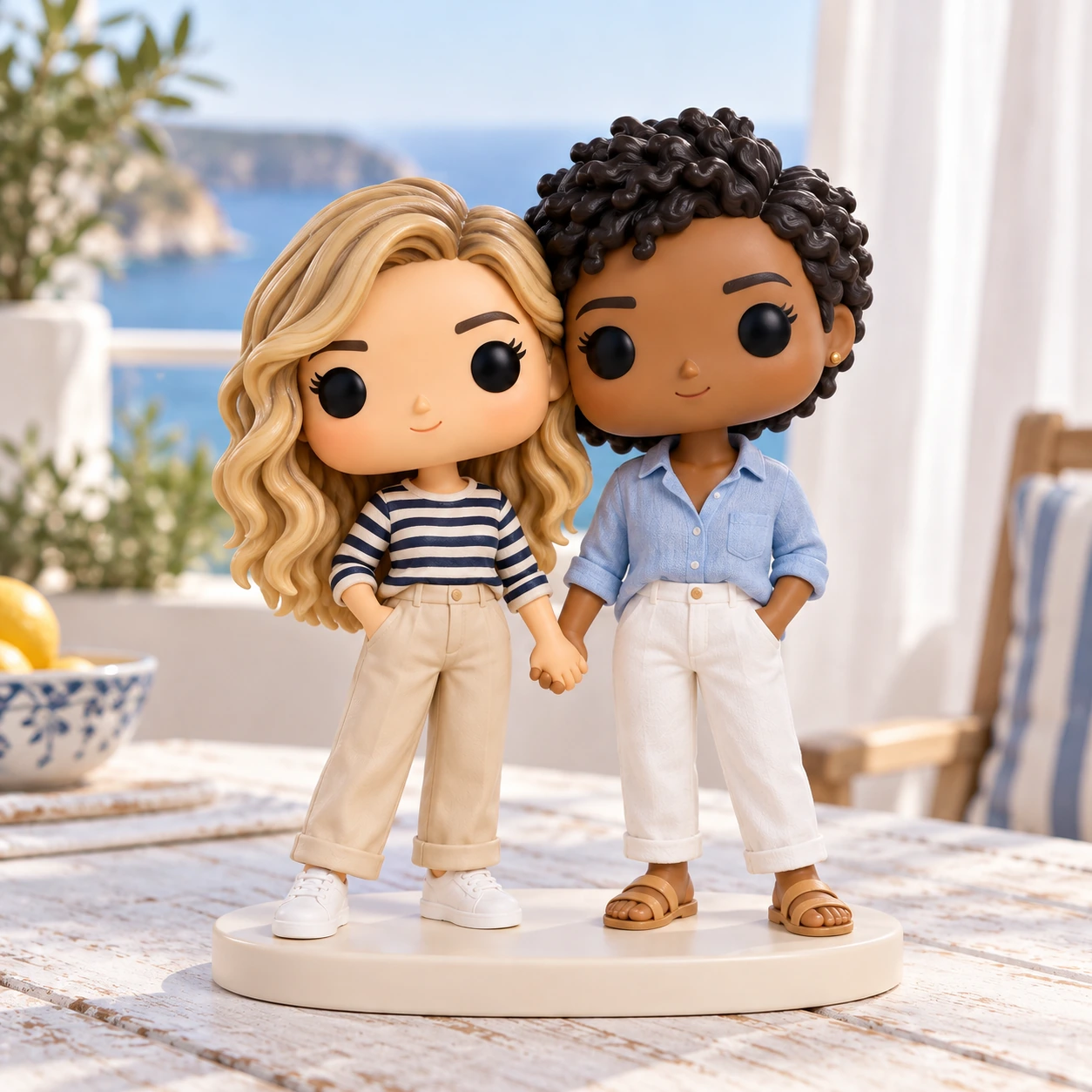 Figurine Pop de Chloé & Sarah : marinière et chemise bleu ciel, au bord de la mer.