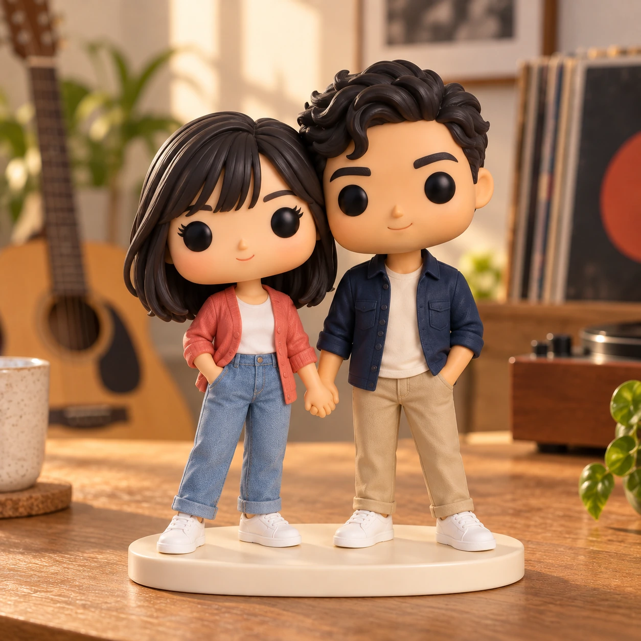 Figurine Pop de Emma & Rayan : cardigan corail et veste marine, dans un coin musique.