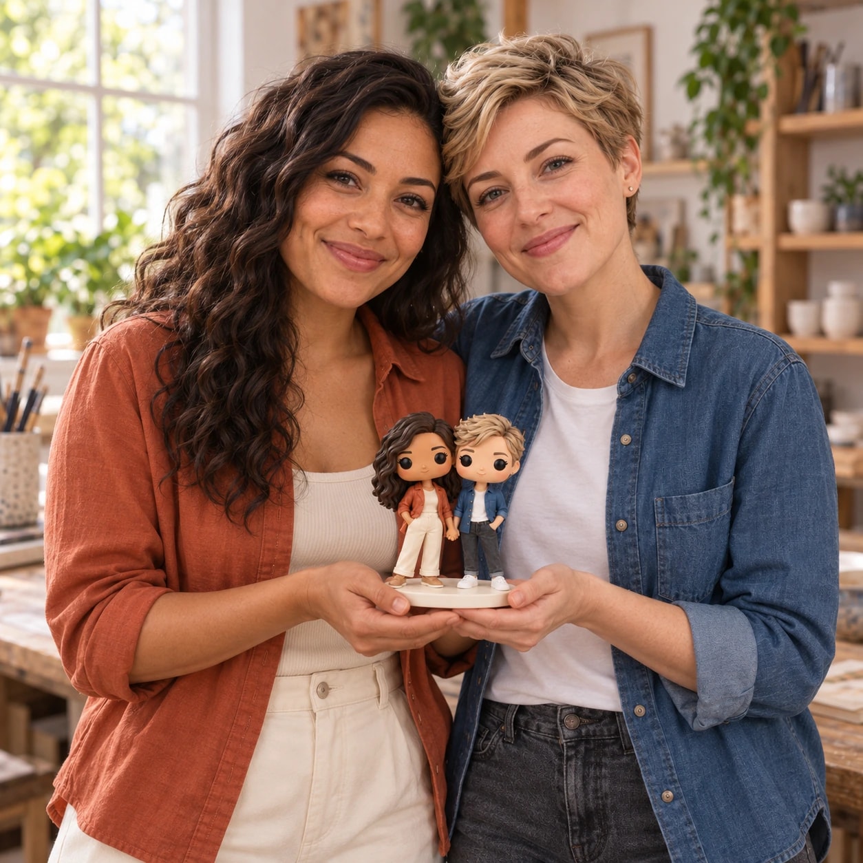 Inès & Camille tenant leur figurine : chemise terracotta et veste en jean, dans un atelier.