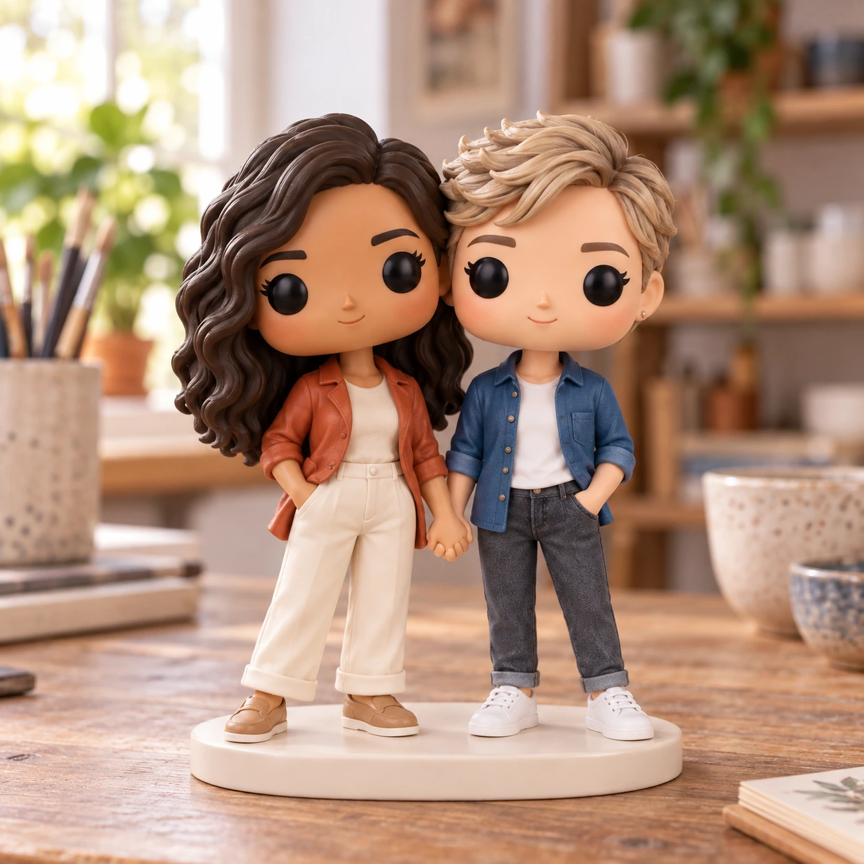 Figurine Pop de Inès & Camille : chemise terracotta et veste en jean, dans un atelier.