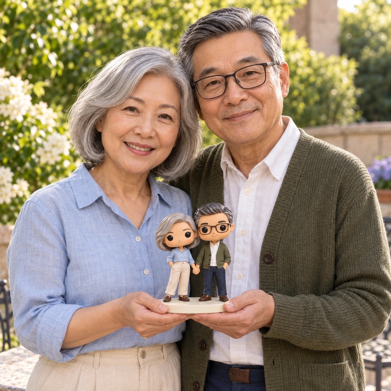 Mei & Daniel tenant leur figurine : cheveux argentés, chemise bleue et cardigan olive, au jardin.