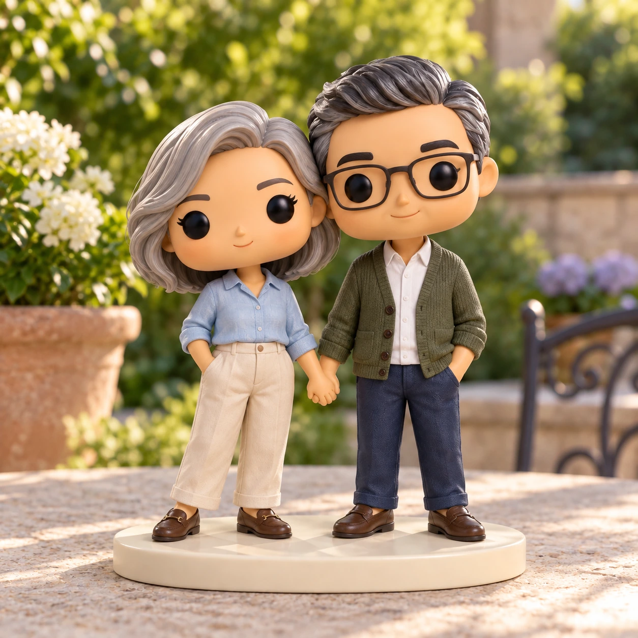 Figurine Pop de Mei & Daniel : cheveux argentés, chemise bleue et cardigan olive, au jardin.