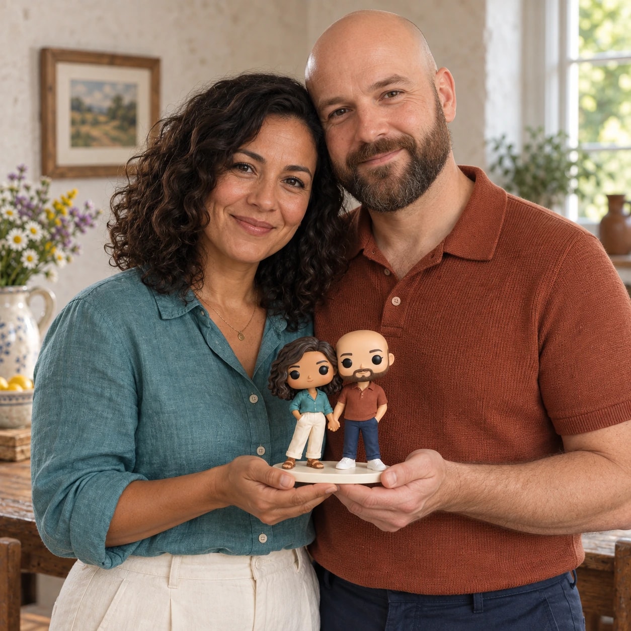 Nadia & Hugo tenant leur figurine : chemise pétrole et polo rouille, dans une maison de campagne.