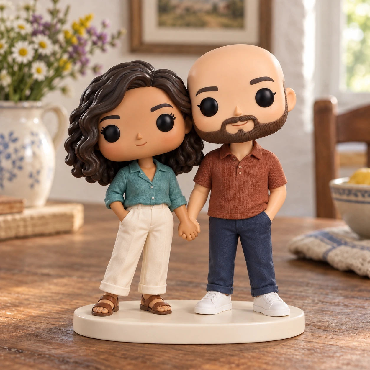 Figurine Pop de Nadia & Hugo : chemise pétrole et polo rouille, dans une maison de campagne.
