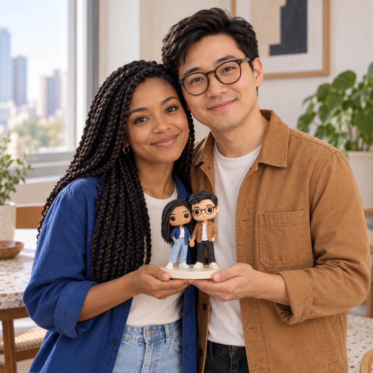 Zoé & Lucas tenant leur figurine : surchemise bleue et veste camel, dans un appartement.